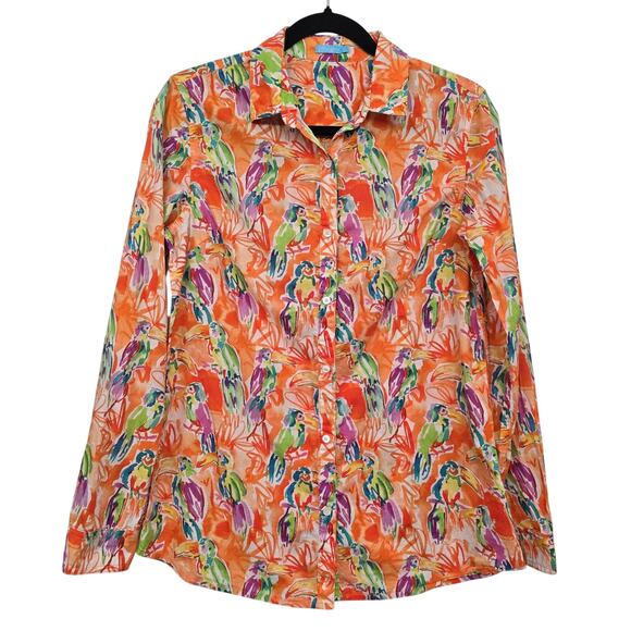 J.McLaughlin Parrot Print Button Down Shirt Sz S Tropical Orange Coastal Resort - Picture 1 of 8